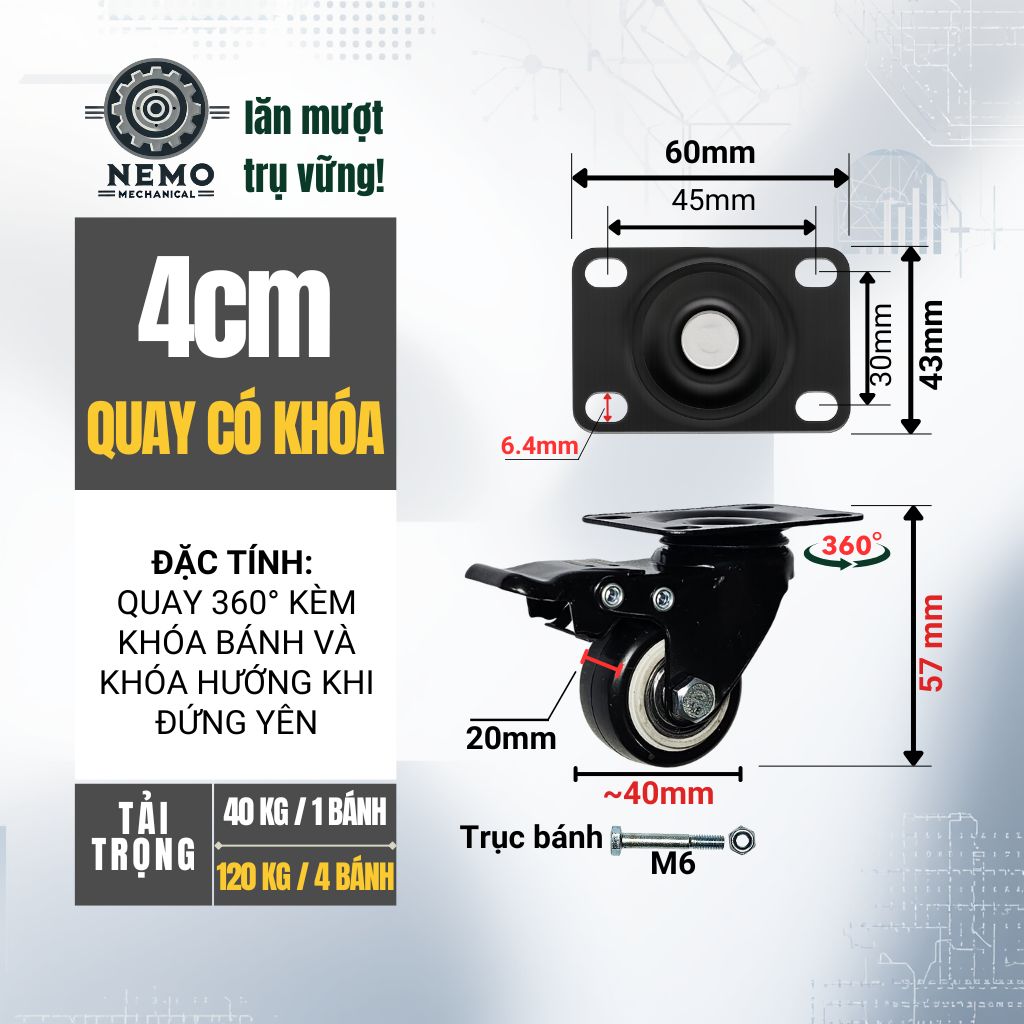 Bánh Xe Đẩy Hàng Đen Trắng – Chịu Tải Tốt, Khung Thép Sơn Tĩnh Điện